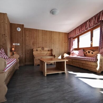 maar door het vele gebruik van hout van binnen en van buiten behoudt het wel de traditionele look. Door de gunstige ligging heb je vanuit de résidence een prachtig uitzicht over de witte wereld om je heen. <br /><br />De appartementen zijn netjes en knus ingericht. Bij de inrichting is veel gebruik gemaakt van hout en de rood-witte bekleding maakt het tot een gezellig geheel. Na een dag uitleven op de piste is het hier fijn thuiskomen. Heb je zin in een lekker drankje? Dan ben je zo in het centrum